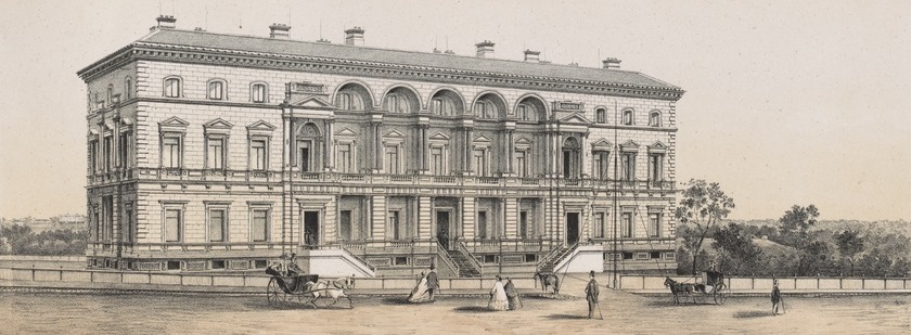 Drawing of the Old Treasury Building. It shows the original steps to the main entrance