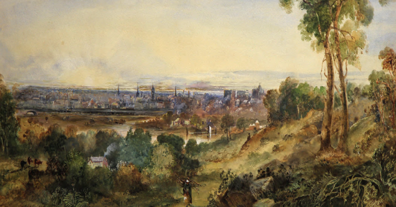 View from Melbourne over the Yarra Melbourne watercolour by Henry Easom Davies c1864. On display in the 'Paintings of Early Melbourne' tour of Old Treasury Building.