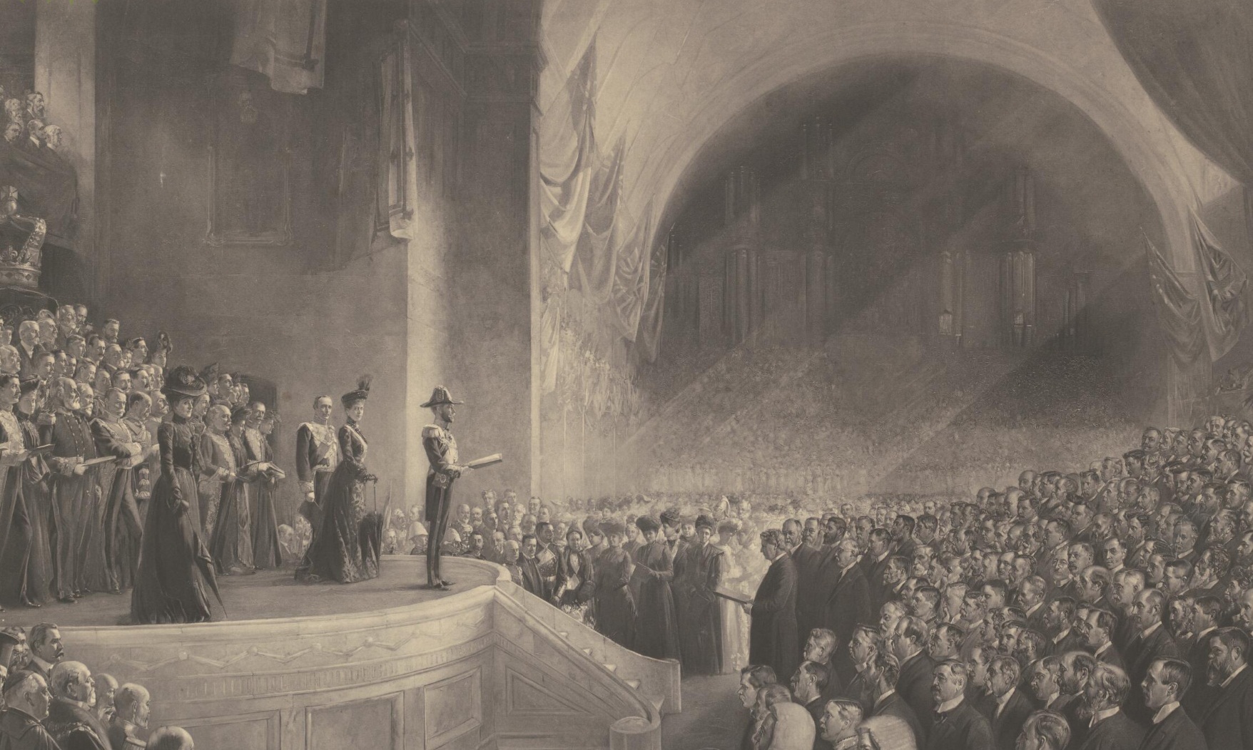 black and white etching showing a man in military dress addressing a crowd of gathered dignitaries in a large cavernous building.