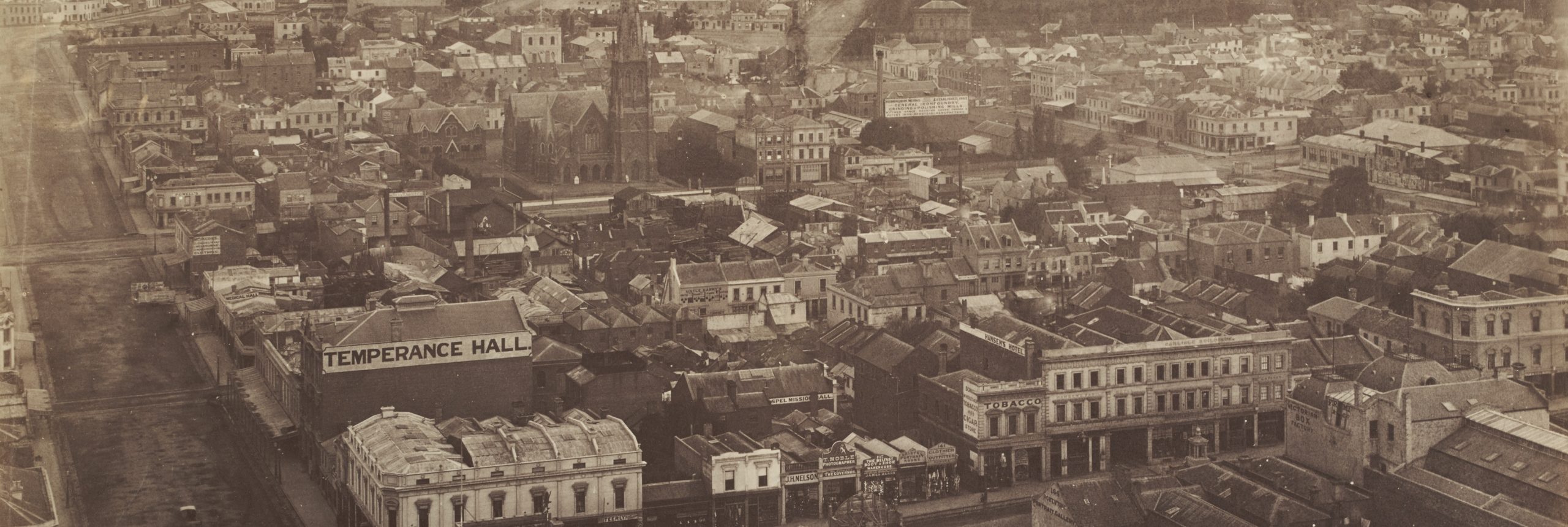 In May 1875 brothers William and Archibald Paterson climbed the spire of Scots' Church, built on one of the highest points of the city, to take this panoramic photograph of Melbourne. The panorama shows a large and sprawling metropolis, with the suburbs of East Melbourne, South Melbourne and Carlton visible in the distance.