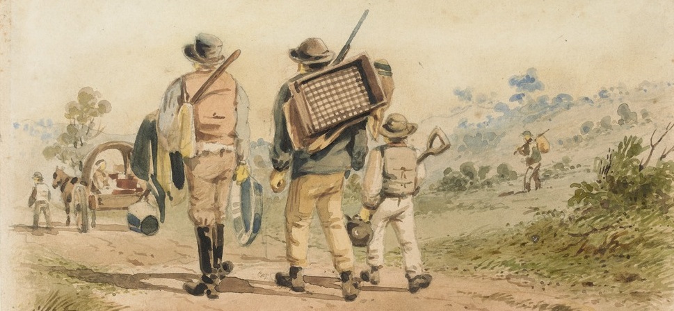 ST Gill 'Diggers on the road to Bendigo' from State Library Victoria. Put Yourself in the Picture by imagining life on the goldfields.