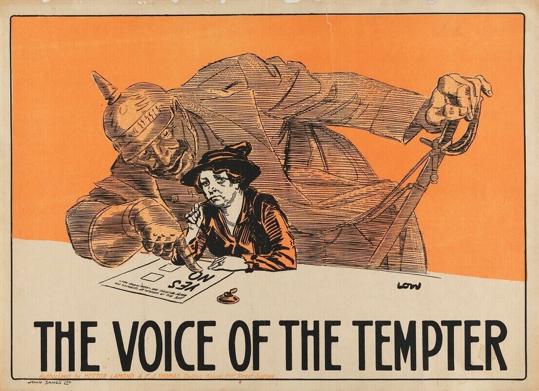 Sketch of a woman contemplating a ballot paper while a ghost of a German officer encourages her to select no. Caption reads "The voice of the tempter".