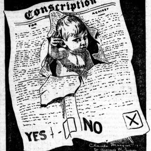 A baby bursts out of a conscription flyer.