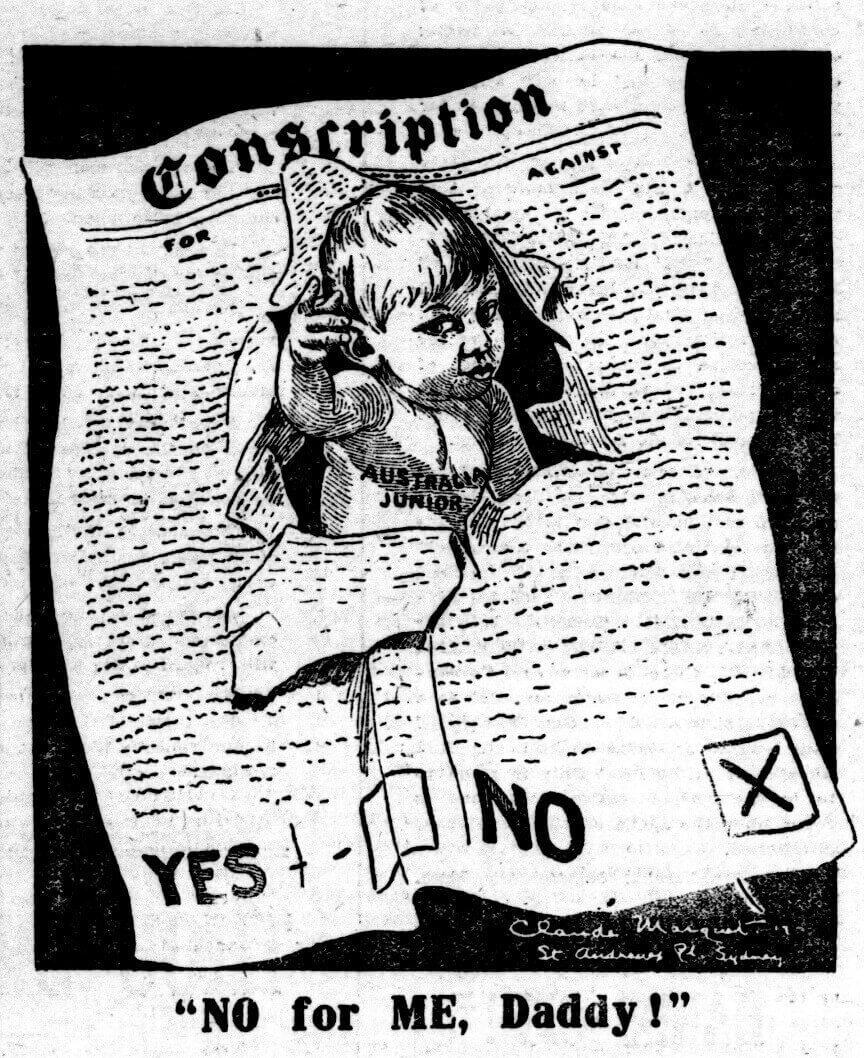 A baby bursts out of a conscription flyer.