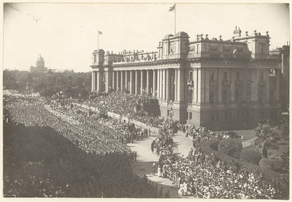 A large crowd outside Victoria's Parliament House.