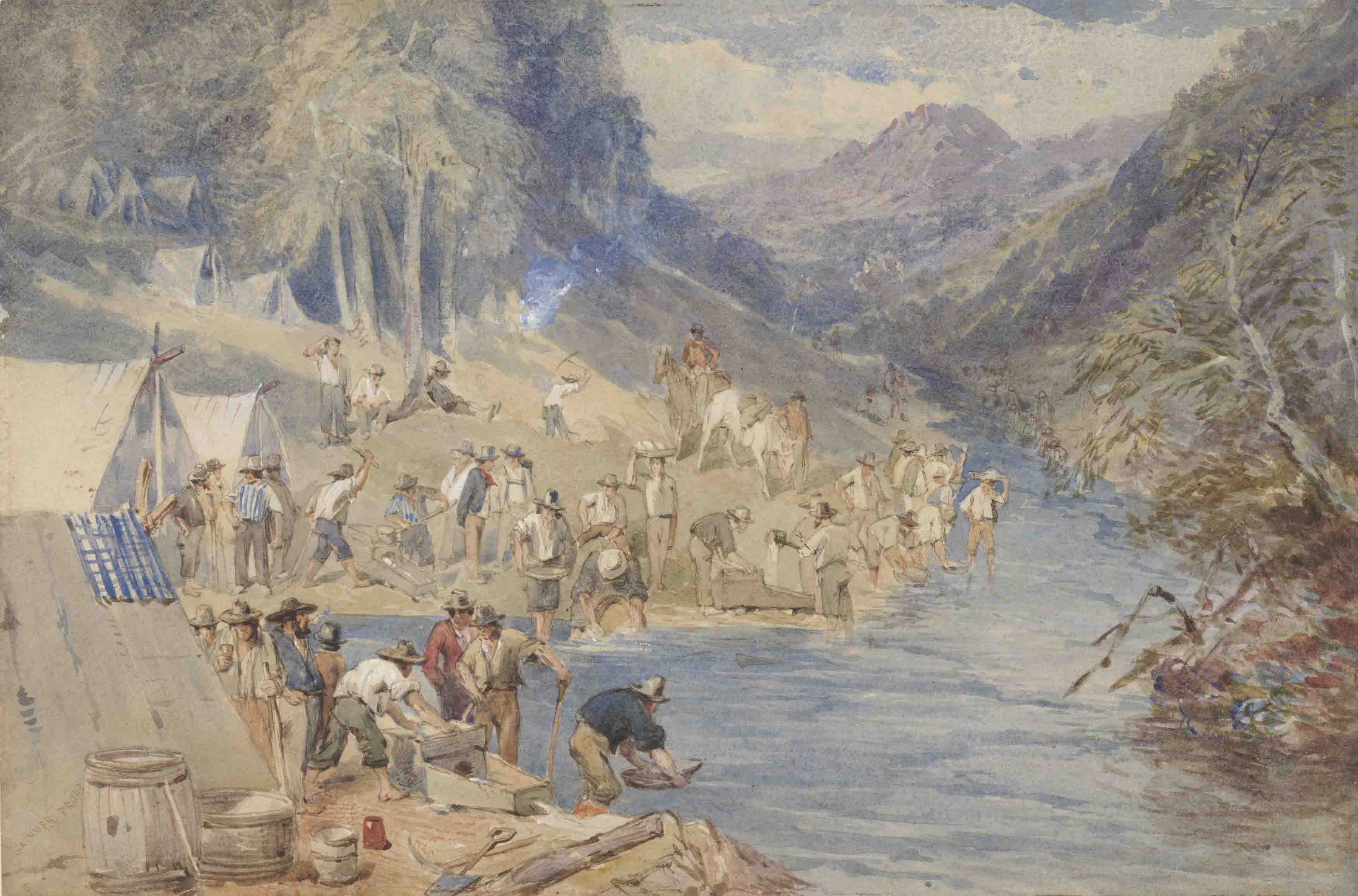 Alluvial gold washing, Mt Alexander goldfields, Victoria by John Skinner Prout, 1852. Courtesy National Library of Australia