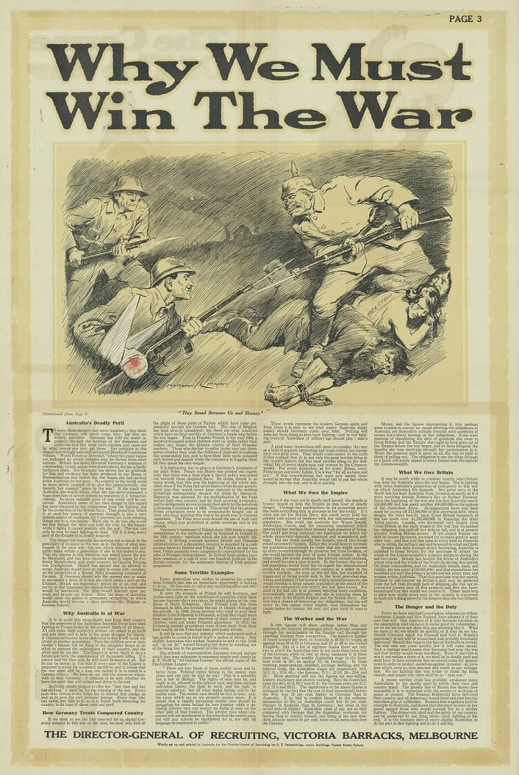 Pamphlet called "Why we must win the war". An image shows injured men thrusting their bayonets towards a man in the German uniform also thrusting with his bayonet. The German steps over corpses of military and civilians.