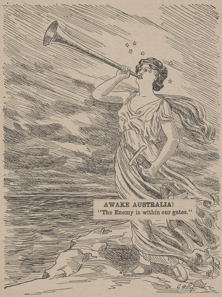 A woman wearing a loose dress blows a trumpet while she grasps a sheathed sword in her hand. The caption reads "Awake Australia! The Enemy is within our gates."