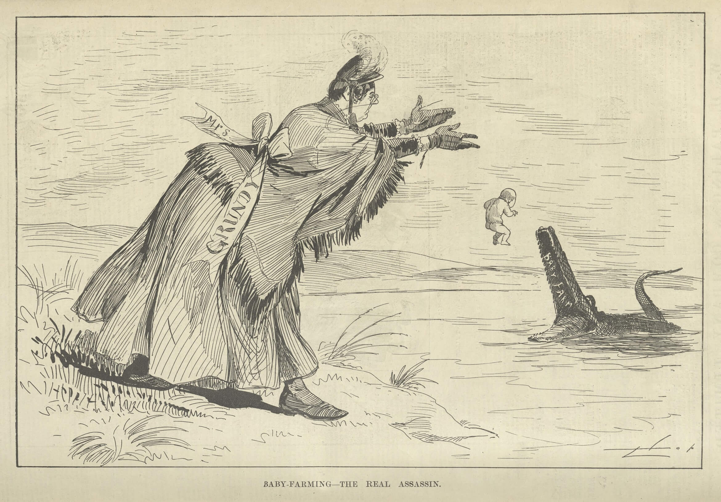 Mrs. Grundy, an icon of Victorian respectability, throws a naked infant to a crocodile in this cartoon, Baby Farming – the real assassin, Bulletin, 1890 Reproduced courtesy National Library of Australia