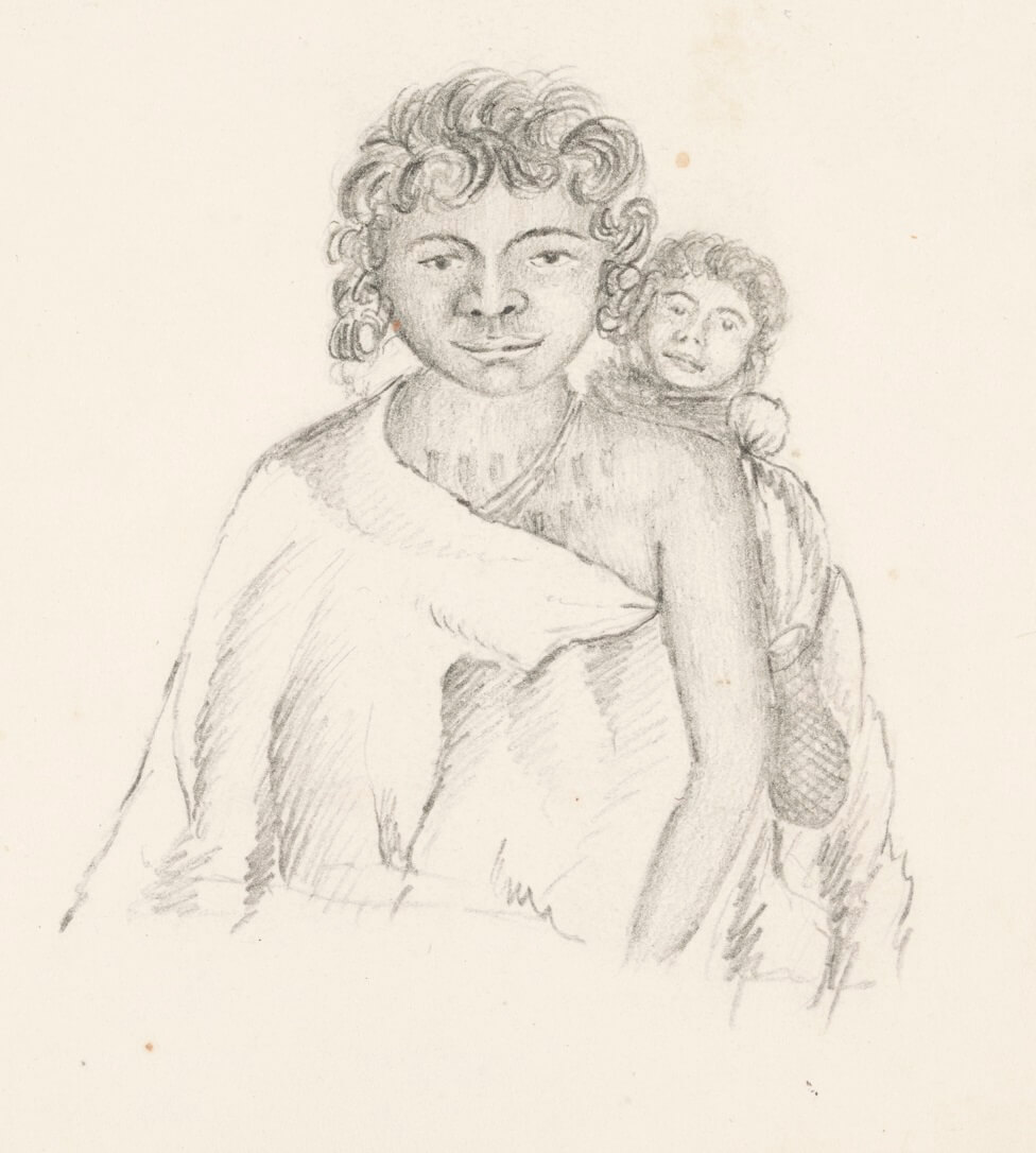 sketch of a woman with a baby on her back
