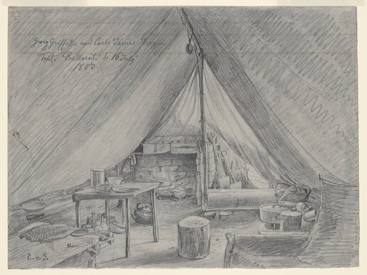 Georg Griffiths and Carl James Morgan Tent Ballarat 16 July 1853, Eugene von Guerard sm