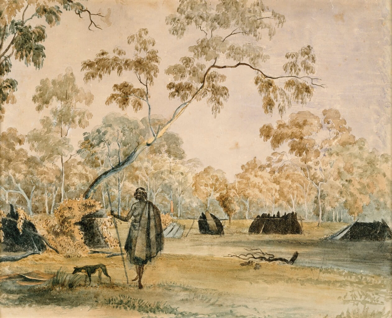 Drawing of a clearing surrounded by trees. A woman stands centre frame with a shawl over one shoulder. Behind her bark huts are visible