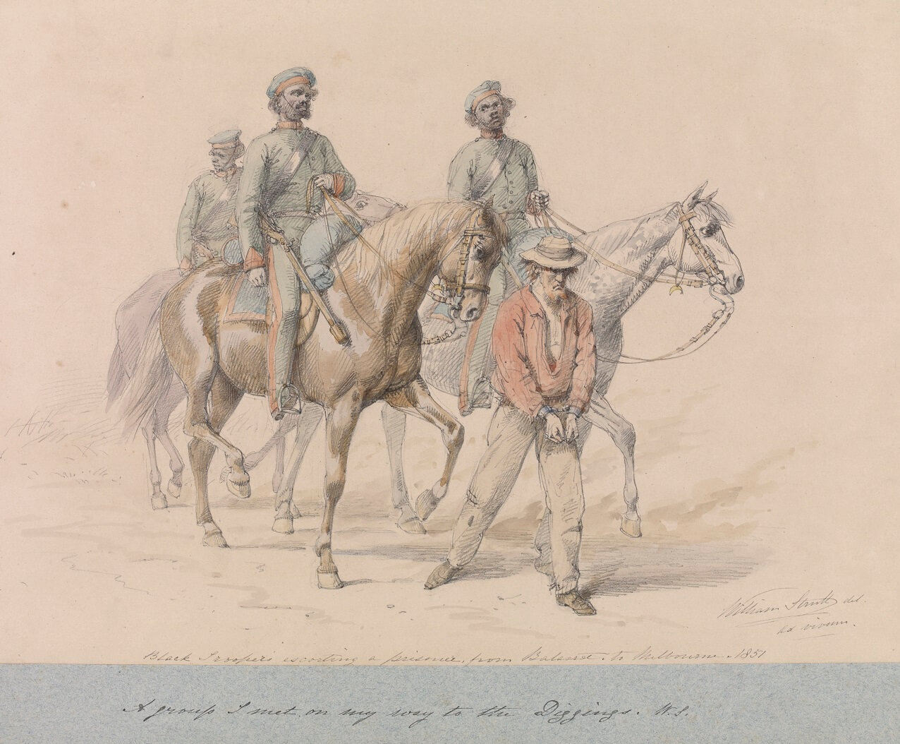 Drawing of three uniformed men on horseback escorting a prisoner who is walking ahead of them.