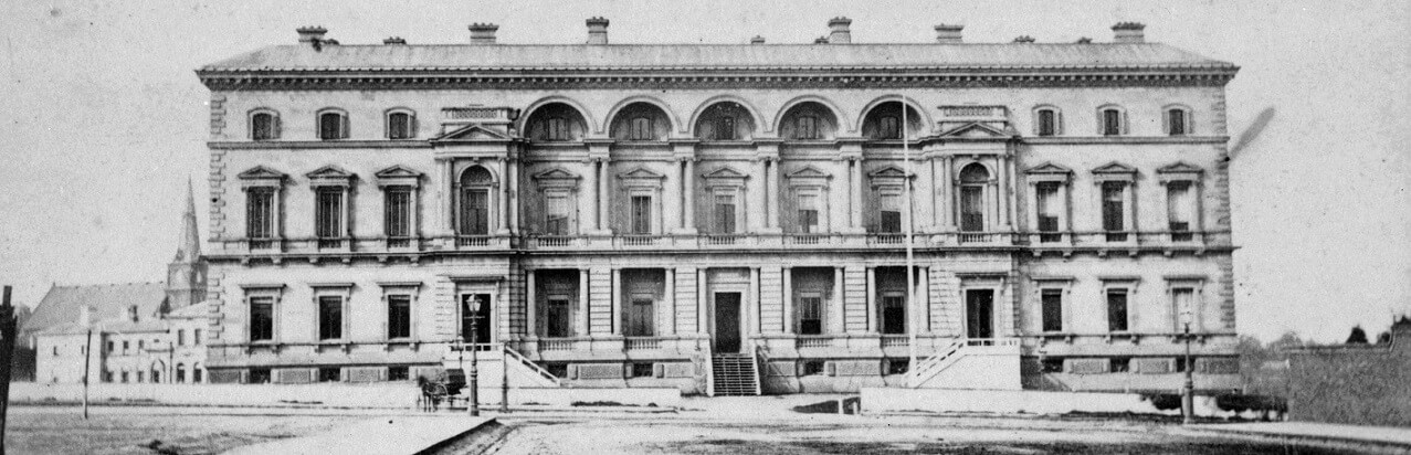 Black and white photograph of the Old Treasury Building with the original steps