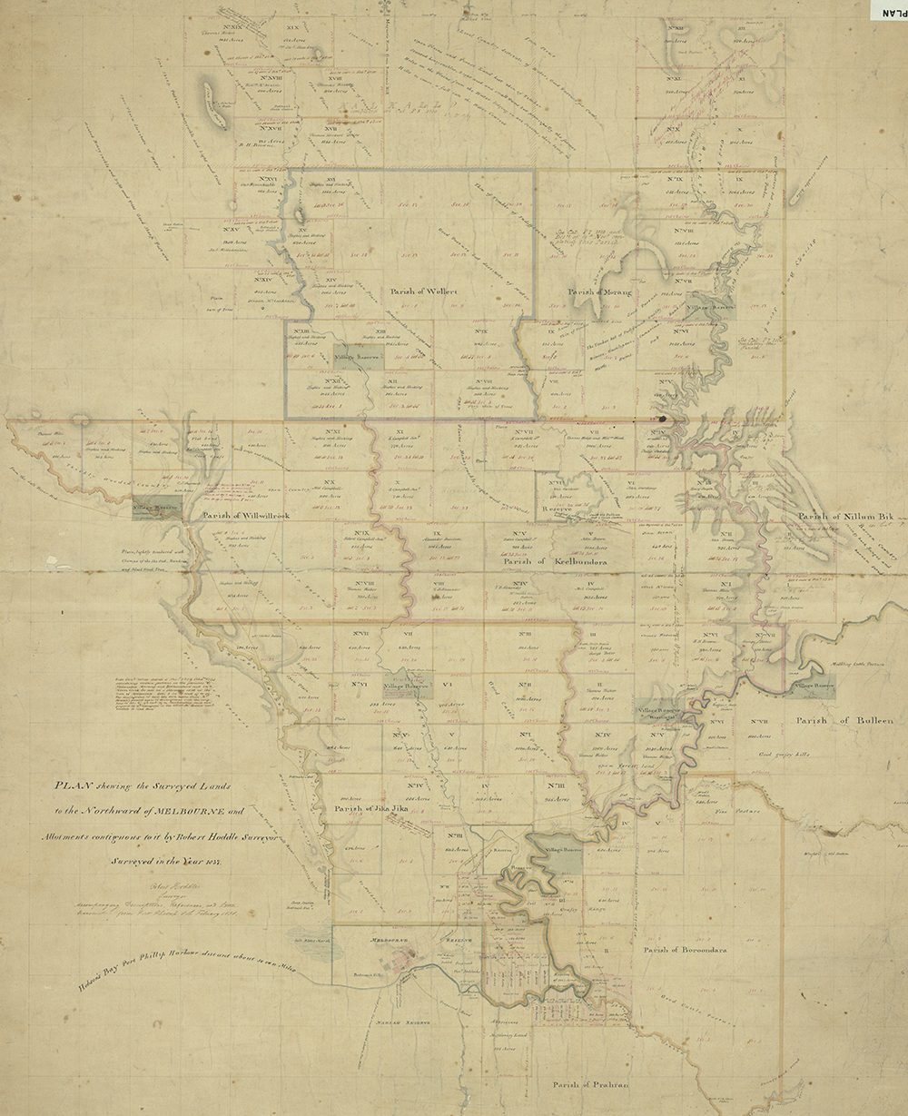 Lightly coloured map on sepia paper. very few details are apparent, but it reads in the lower left corner "Plan shewing the surveyed lands to the northward of Melbourne and allotments contiguous to it by Robert Hoddle surveyor. Surveyed in the year 1837" 