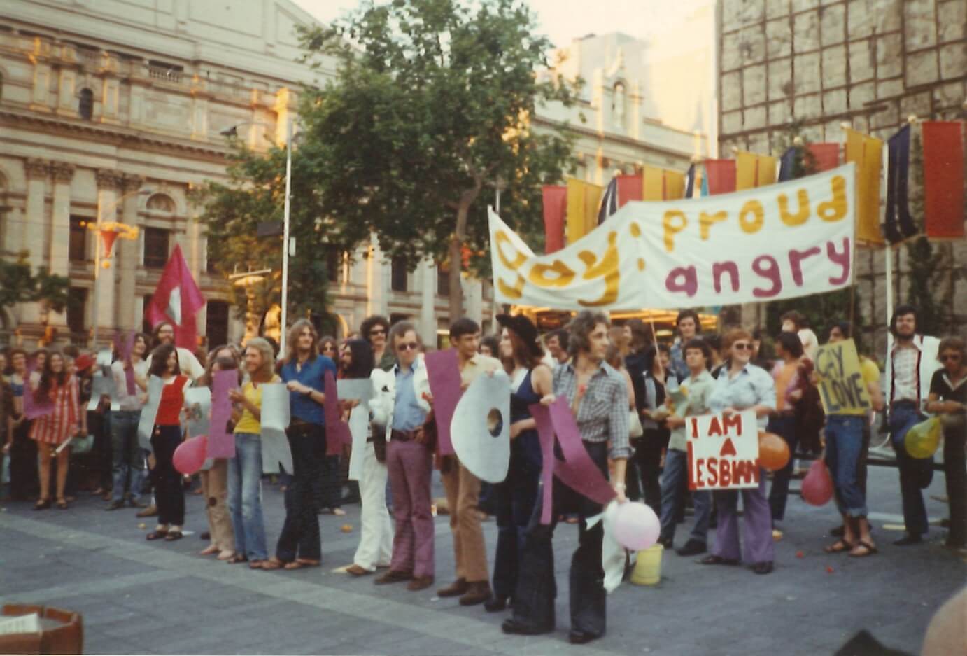 Australian Queer Archives Gay Liberation demonstration, City Square, Melbourne, 1 December 1972, photo by Peter McEwan