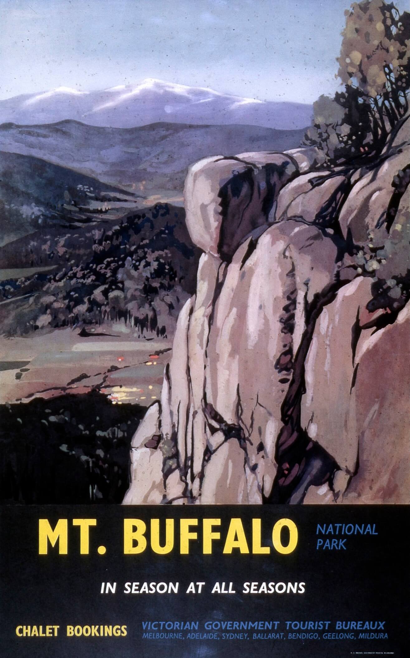 Travel posted. Drawn image depicts a large rock mountain in the foreground with valley and distant mountains in the background. It's coloured in blue and brown tones. Writing on the bottom of the image reads: "Mt. Buffalo National Park. In season at all seasons"