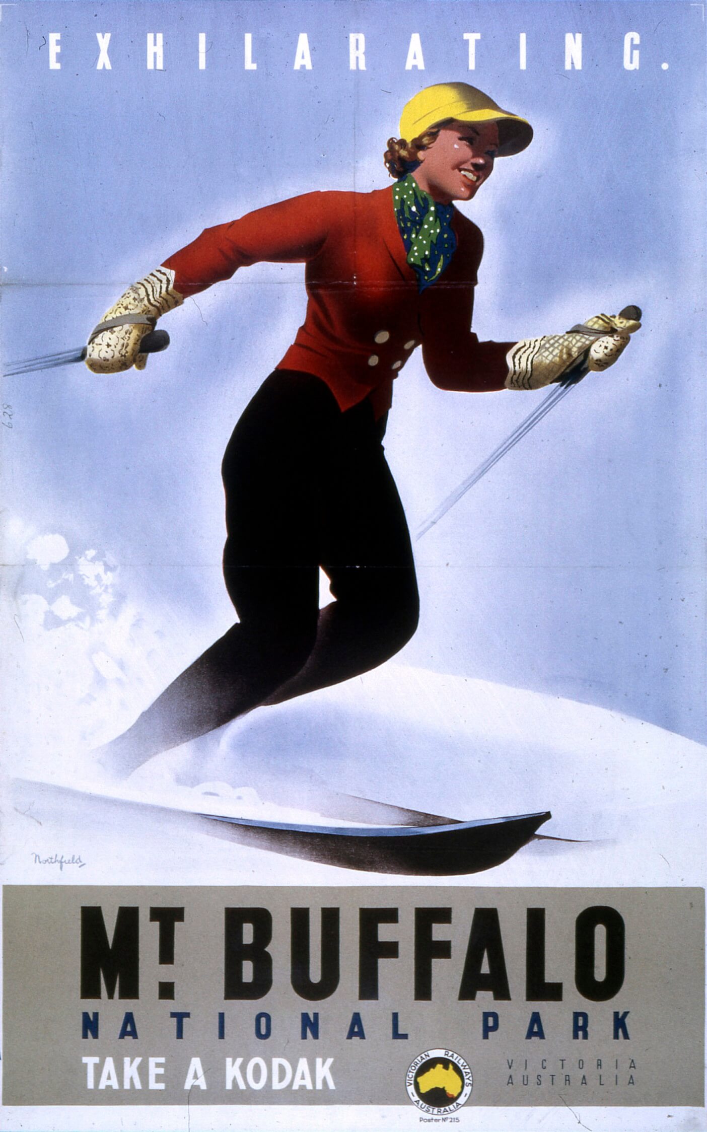 Travel poster for "Mt Buffalo National Park". The drawn image show a stylised woman skiing with a flurry of snow behind her. She is white with short brown hair in a 1930s style and is smiling. She wears a yellow cap, green and white polka dot ascot, red double breasted jacket and black pants.