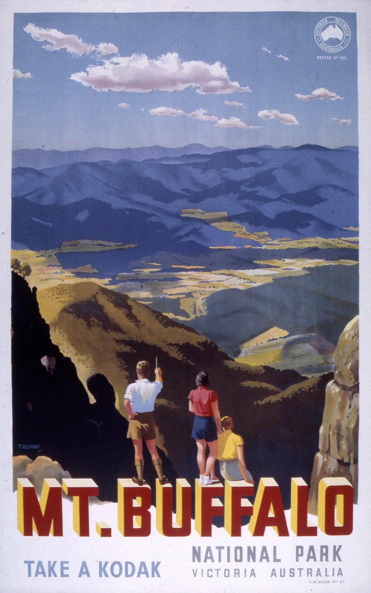 Travel poster for "Mt Buffalo National Park". Drawn image shows a view over a valley to mountains. Three figures appear in the foreground, a man pointing, a woman standing and another sitting.