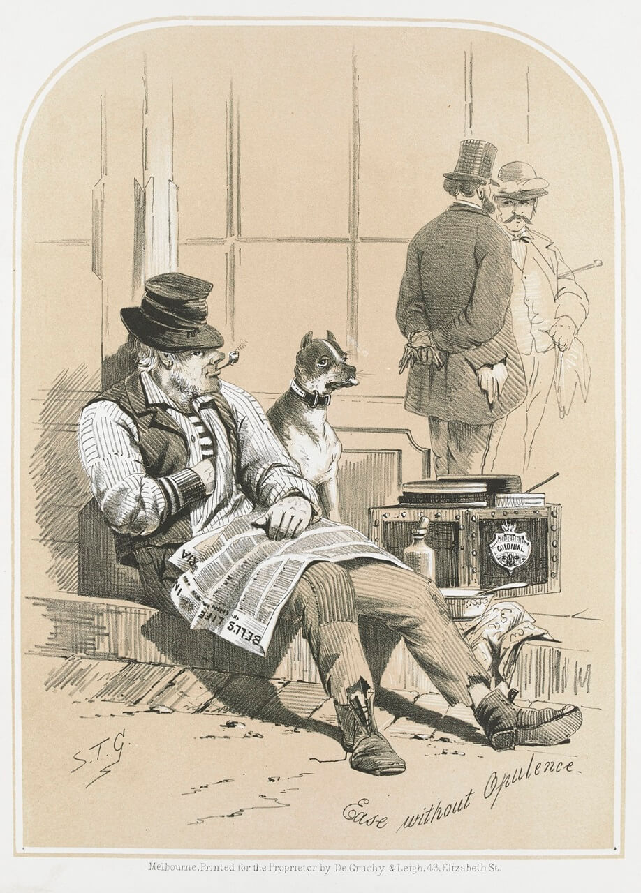 Drawing of a man sitting on a street corner waiting for someone to want their shoes shined. a newspaper sits across his lap.