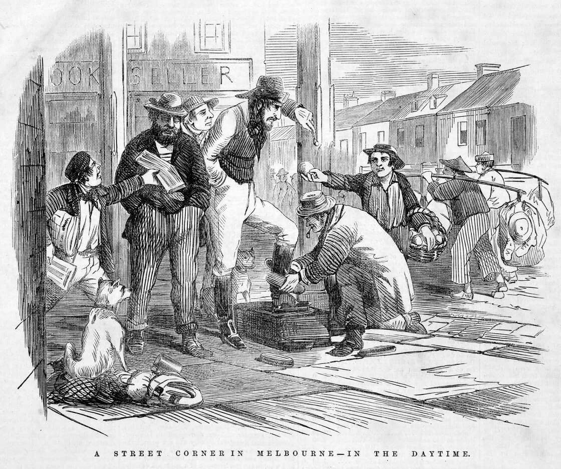black and white sketch of a street. A man leans down and polishes another mans shoes.