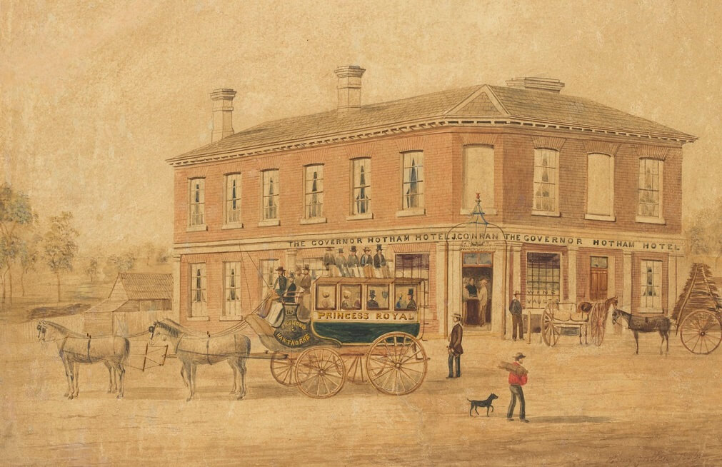 Hawthorn Horse Bus outside the Governor Hotham Hotel, Burwood Road, Hawthorn, by Henry Gritten, artist, 1856