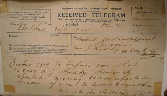 Telegram from Minister for the Army to Mrs Roddy