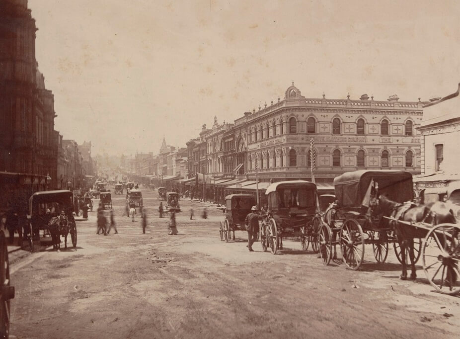 Wagonettes on a cab rank in Bourke Street, near Swanston Street, circa 188