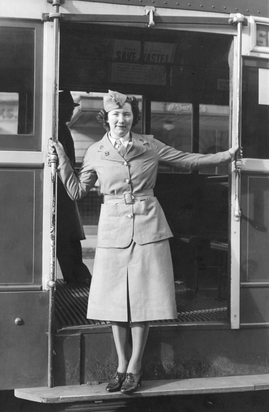 Shows tram conductress for the M.& M.T.B., Victoria modelling the uniform to be worn by women employees.