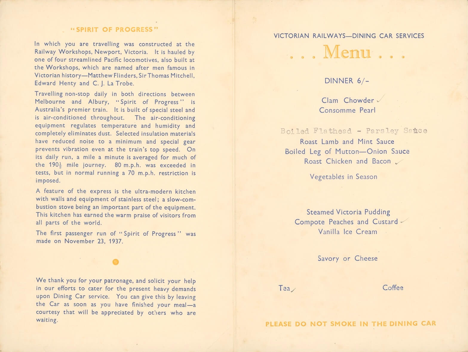 Spirit of Progress menu, produced by Victorian Railways, c.1937. SLV