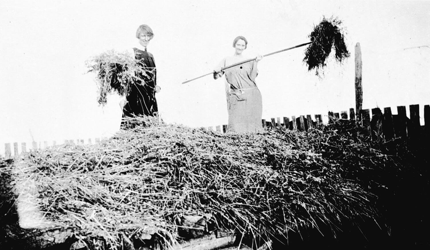 women pitching hay