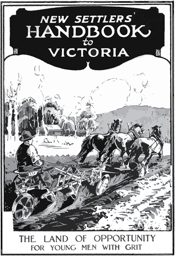 book cover "New Settlers' Handbook to Victoria: The Land of Opportunity for Young Men with Grit". The middle of the cover is an illustration of a man plowing a field with three horses.