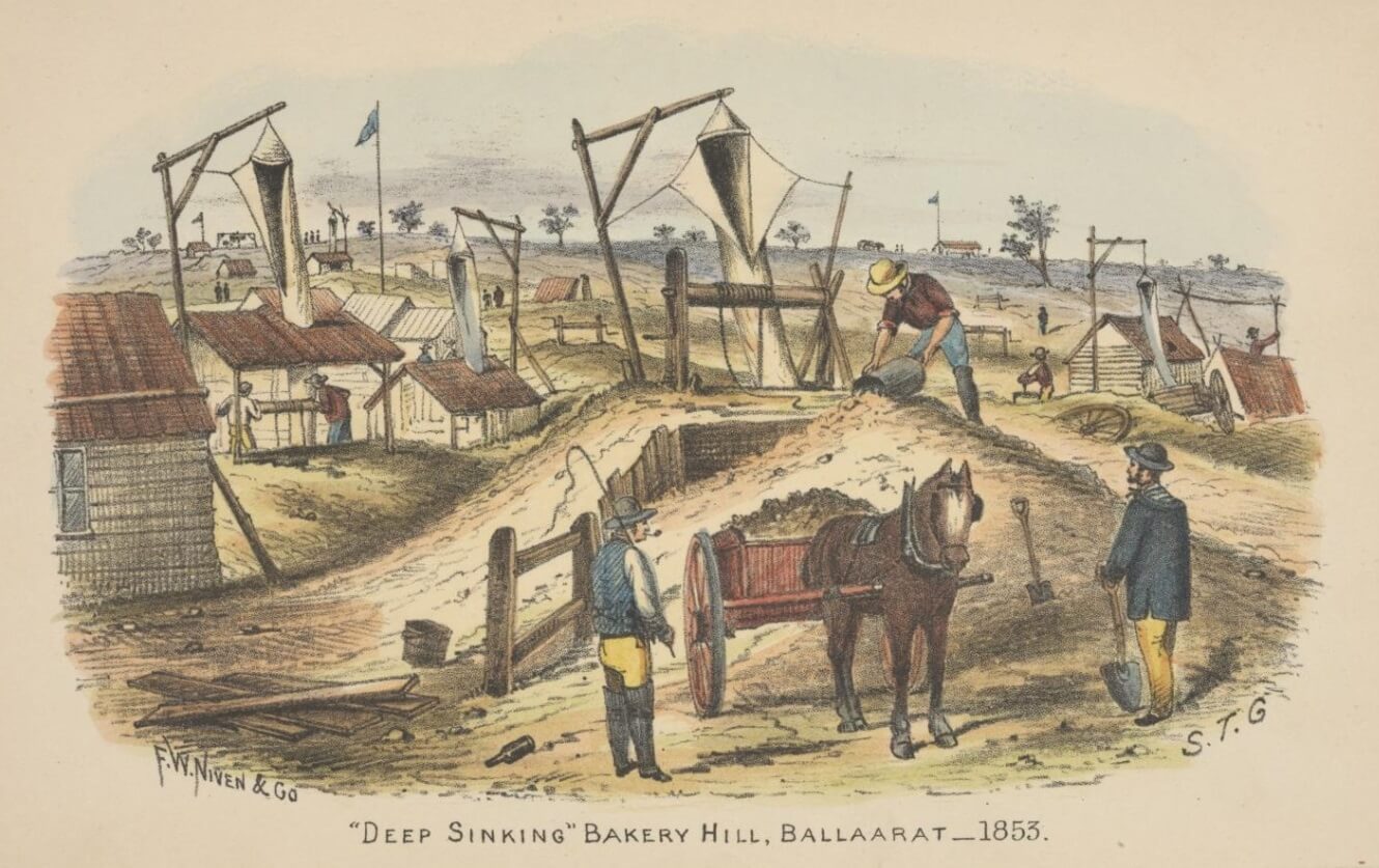 Hand drawn image. A man standing on a pile of dirt uses a large pan as a shovel. Two other men stand near him, one holding a spade, the second a horse whip. A Horse and cart stand close by laden with what appears to be dirt. The site the men are working had a well in the dirt and a tubular kite held in place over the shaft. A similar set up is repeated a few times in the vicinity.
