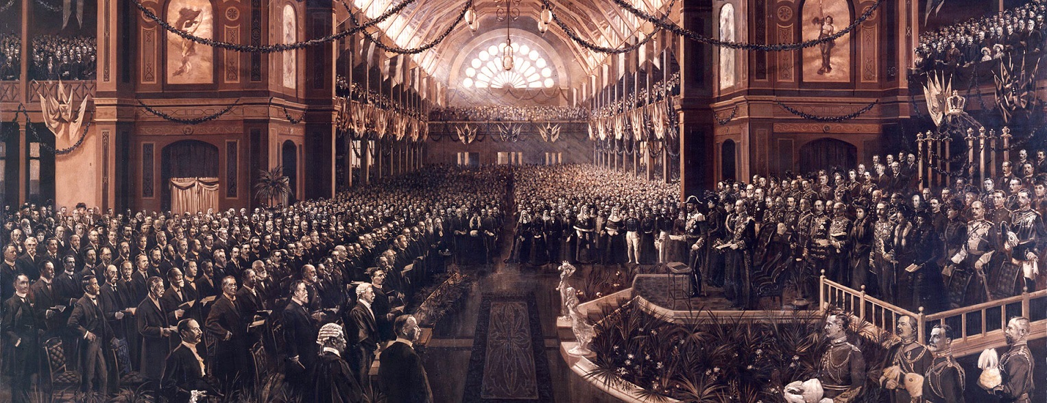 the opening of commonwealth parliament charles nuttall painting of a decorative wide indoor space filled with people looking towards a raised platform. The vast majority of people depicted are white males.