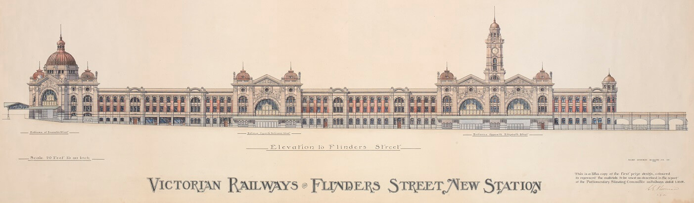 architectural drawing of Flinders Street Station showing all sides of the building in one drawing.