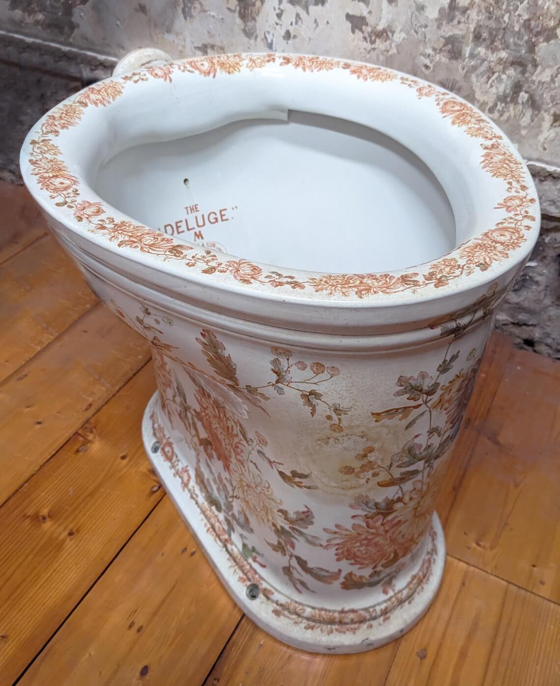 Govs loo clean Decorated lavatory. This old toilet is covered in orange and yellow chrysanthemum flowers. It is standing free from the wall, and obviously no longer connected to plumbing.