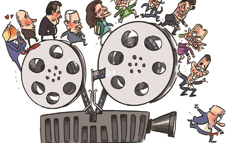 Various world leaders skip over the top of a giant film projector. At the front, PM Anthony Albanese hops into the projector light. 