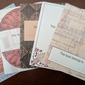 shows all 5 designs of bookplates laid out in a fan.