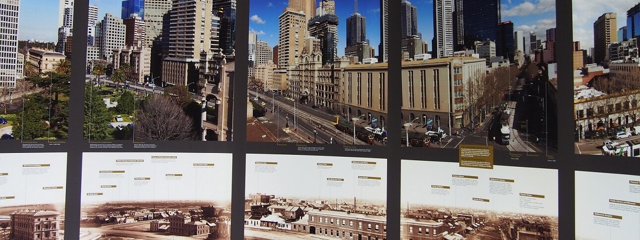 detailed view of an exhibition. Images from 1862 are juxtaposed with the same vantage point in 2012. The biggest difference is the heights of the buildings!